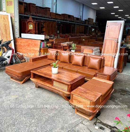 Sofa gỗ hương xám chân thuyền góc L hiện đại 2m85 x 1m95 