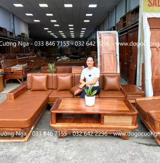 Sofa gỗ hương xám chân thuyền góc L hiện đại 2m85 x 1m95 