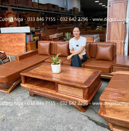 Sofa gỗ hương xám chân thuyền góc L hiện đại 2m85 x 1m95 