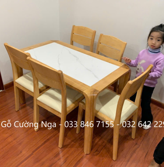 Bô Bàn Ghế Ăn Gỗ Sồi Nga 1m2 Ghế Nệm Kết Hợp Mặt Đá 