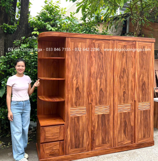 Tủ Quần Áo Gỗ Cẩm Vân 4 Cánh Kết Hợp Góc Trang Trí Hiện Đại 