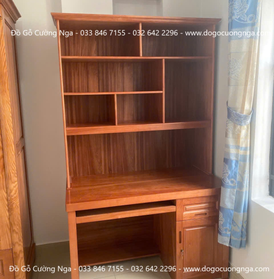Bàn Học Gỗ Xoan Đào Cao Cấp 1m2 Kèm Giá Sách 