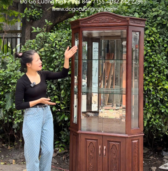 Tủ Rượu - Tủ Ly Gỗ Sồi Nga Lau Màu Óc Chó Góc 60cm 