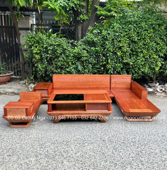 Sofa Gỗ Hương Chân Thuyền 2m9x1m8 Kèm Nệm Cao Su 