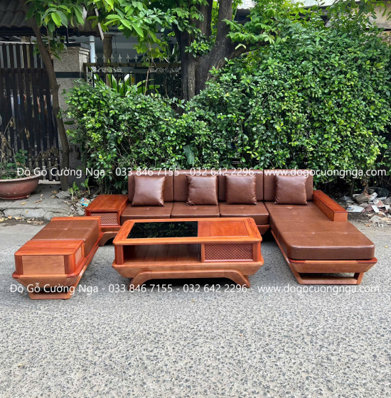 Sofa Gỗ Hương Chân Thuyền 2m9x1m8 Kèm Nệm Cao Su 