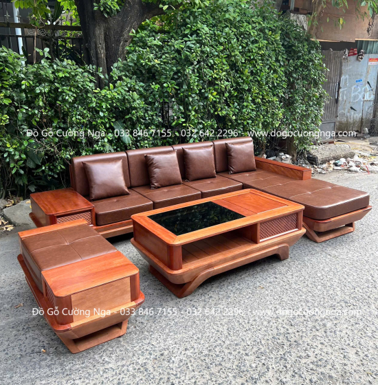 Sofa Gỗ Hương Chân Thuyền 2m9x1m8 Kèm Nệm Cao Su 