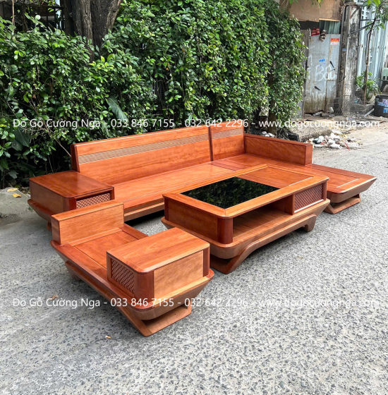 Sofa Gỗ Hương Chân Thuyền 2m9x1m8 Kèm Nệm Cao Su 