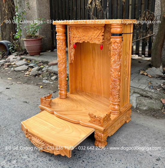 Bàn Thờ Thần Tài Gỗ Gõ Đỏ Cột 8 Rộng 60cm 