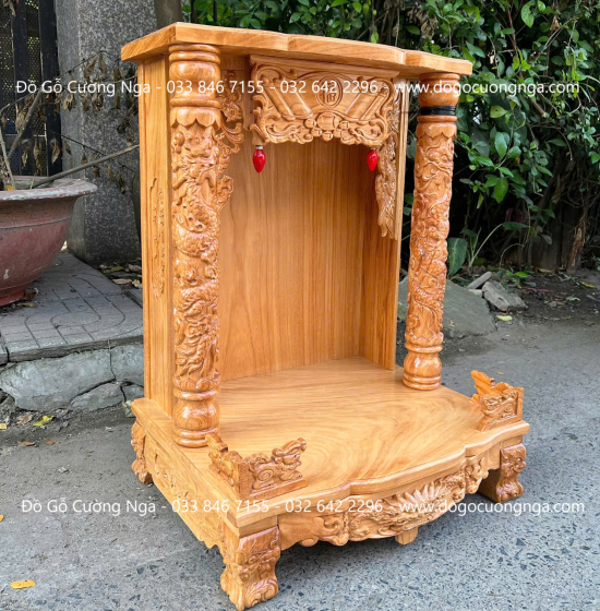 Bàn Thờ Thần Tài Gỗ Gõ Đỏ Cột 8 Rộng 60cm 