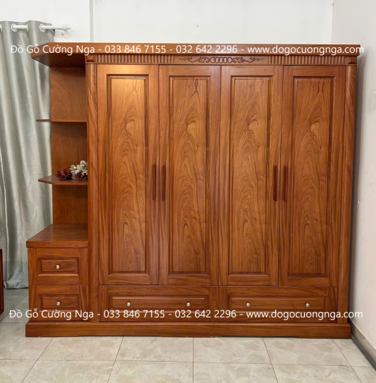 Tủ Quần Áo Gỗ Hương Đá 4 Cánh Kèm Kệ Vế Trái 