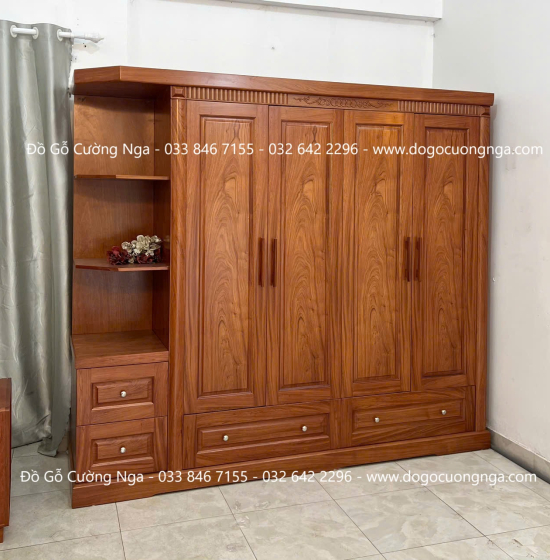 Tủ Quần Áo Gỗ Hương Đá 4 Cánh Kèm Kệ Vế Trái 