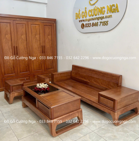 Ghế Sofa Văng Gỗ Xoan Đào Chân Choãi Hiện Đại 3 Món 