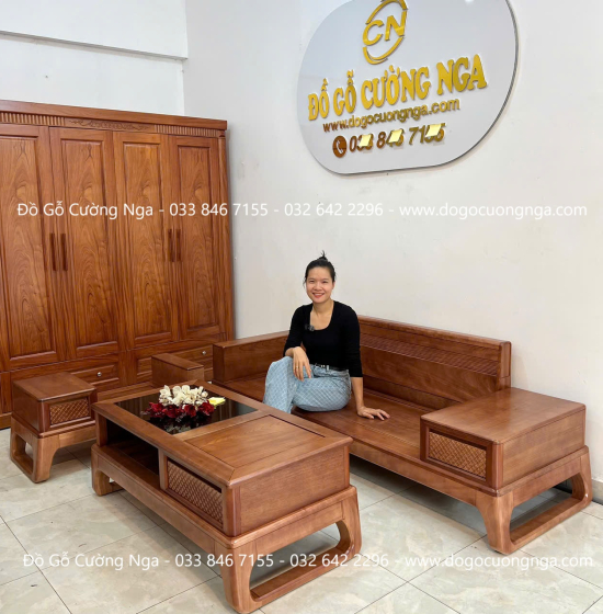 Ghế Sofa Văng Gỗ Xoan Đào Chân Choãi Hiện Đại 3 Món 