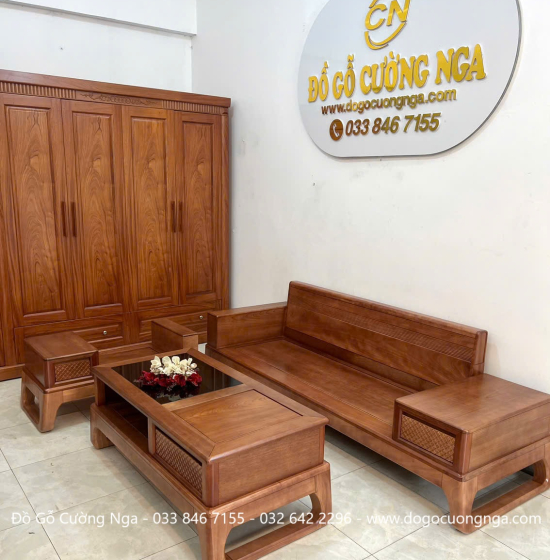 Ghế Sofa Văng Gỗ Xoan Đào Chân Choãi Hiện Đại 3 Món 
