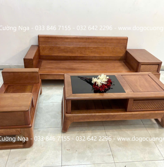 Ghế Sofa Văng Gỗ Xoan Đào Chân Choãi Hiện Đại 3 Món 