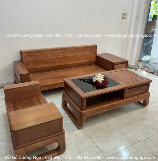 Ghế Sofa Văng Gỗ Xoan Đào Chân Choãi Hiện Đại 3 Món 