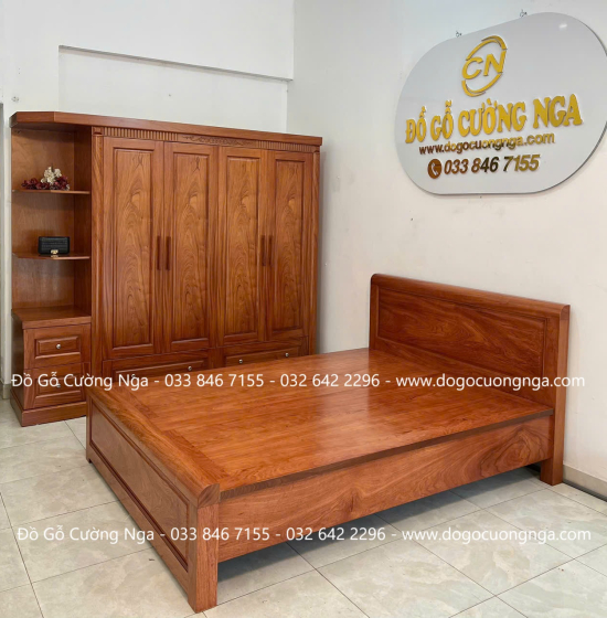 Tủ Quần Áo Gỗ Hương Đá 4 Cánh Kèm Kệ Vế Trái 