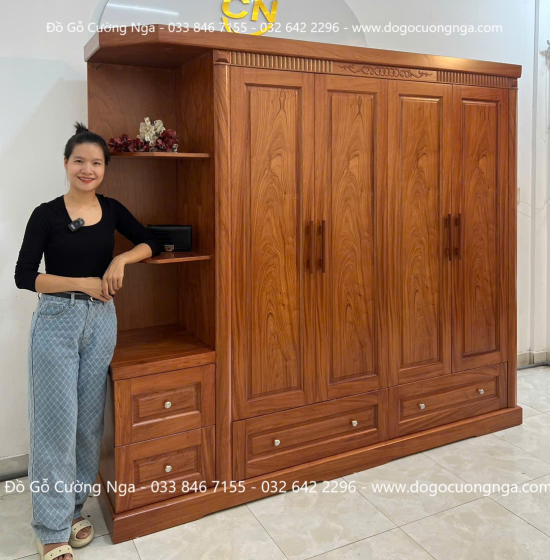 Tủ Quần Áo Gỗ Hương Đá 4 Cánh Kèm Kệ Vế Trái 