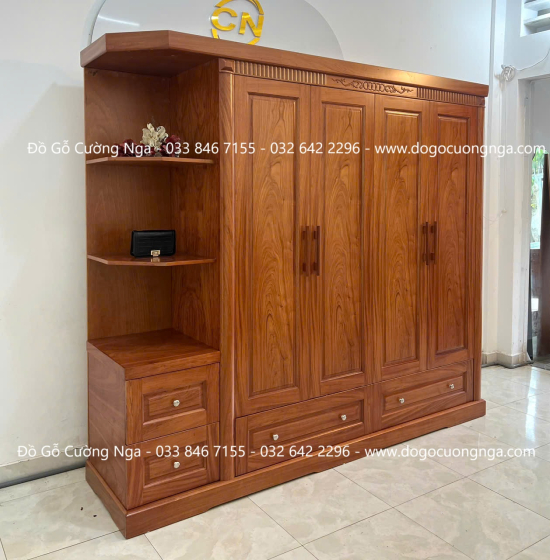Tủ Quần Áo Gỗ Hương Đá 4 Cánh Kèm Kệ Vế Trái 