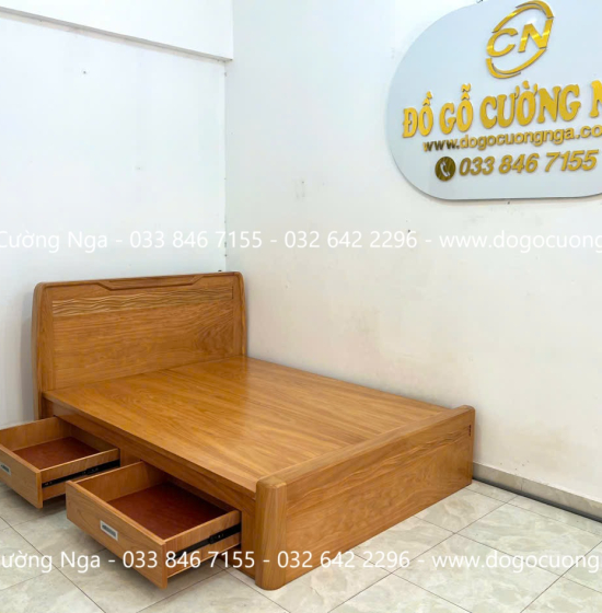 Giường Ngủ Gỗ Gõ Đỏ Hiện Đại Trạm Sóng 2 Ngăn Kéo 