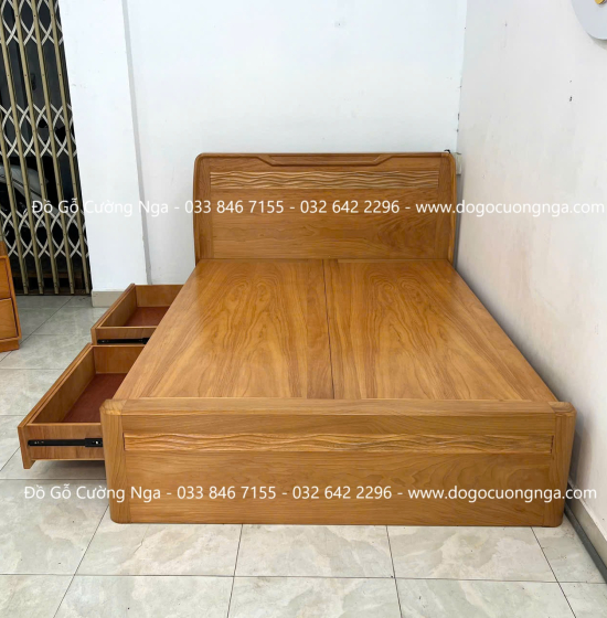 Giường Ngủ Gỗ Gõ Đỏ Hiện Đại Trạm Sóng 2 Ngăn Kéo 