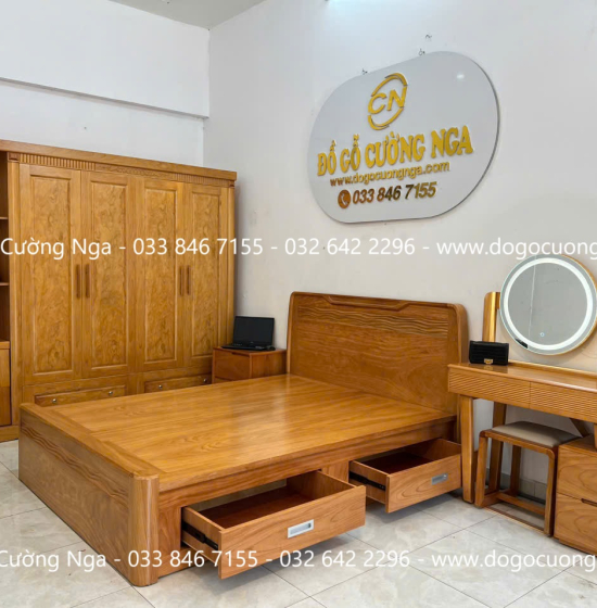 Giường Ngủ Gỗ Gõ Đỏ Hiện Đại Trạm Sóng 2 Ngăn Kéo 