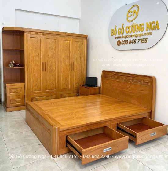 Tủ quần áo gỗ gõ đỏ 4 cánh 2m3 vế trái - kèm kệ trang trí 