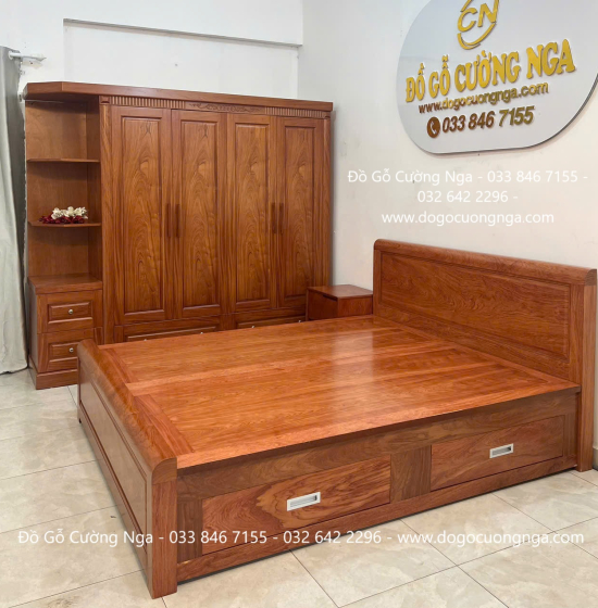 Tủ Quần Áo Gỗ Hương Đá 4 Cánh Kèm Kệ Vế Trái 