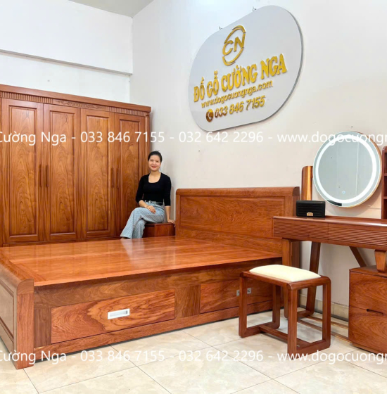 Giường gỗ hương đá ngăn kéo hiên đại 
