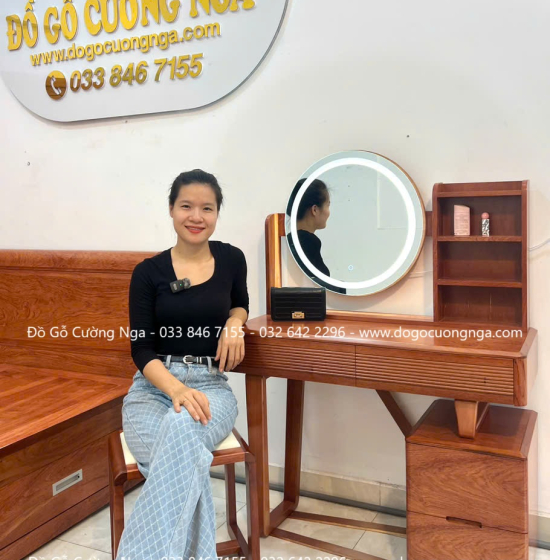 Bàn Phấn Trang Điểm Gỗ Hương Đá Tự Nhiên 1m Đèn Les Cảm Ứng 