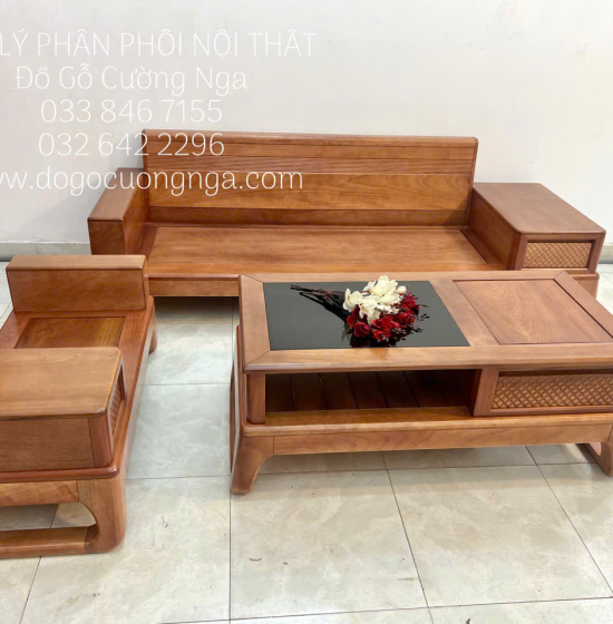Ghế Sofa Văng Gỗ Xoan Đào Chân Choãi Hiện Đại 3 Món 