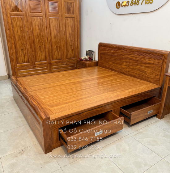 Giường Ngủ Gỗ Cẩm 2 Ngăn Kéo Hiện Đại - Vạt Phản Liền