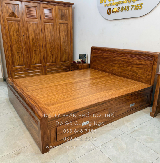 Giường Ngủ Gỗ Cẩm 2 Ngăn Kéo Hiện Đại - Vạt Phản Liền
