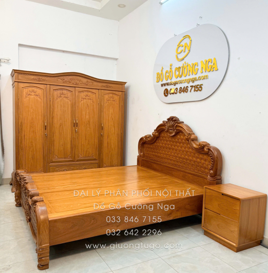 Combo Phòng Ngủ Gỗ Gõ Đỏ 3 Chi Tiết - Hoa Văn Tân Cổ Điển