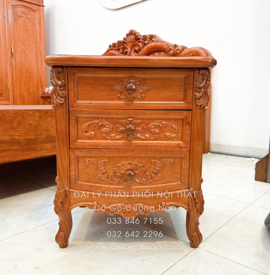 Tủ Táp Đầu Giường Gỗ Hương Đá 3 Ngăn Kéo Tân Cổ Điển