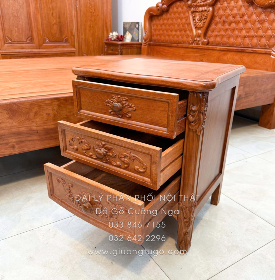 Tủ Táp Đầu Giường Gỗ Hương Đá 3 Ngăn Kéo Tân Cổ Điển