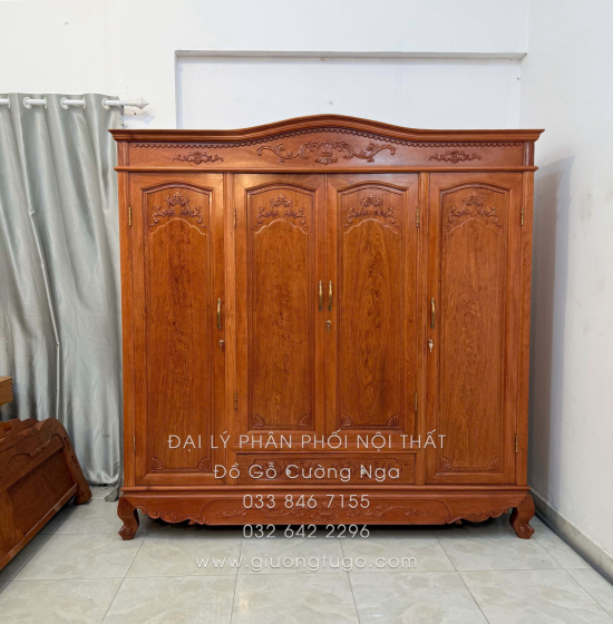 Tủ Quần Áo Gỗ Hương Đá 4 Cánh Tân Cổ Điển Trang Nhã