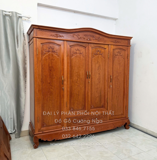 Tủ Quần Áo Gỗ Hương Đá 4 Cánh Tân Cổ Điển Trang Nhã