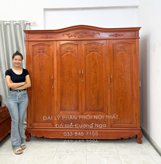 Tủ Quần Áo Gỗ Hương Đá 4 Cánh Tân Cổ Điển Trang Nhã