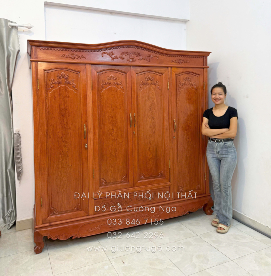 Tủ Quần Áo Gỗ Hương Đá 4 Cánh Tân Cổ Điển Trang Nhã