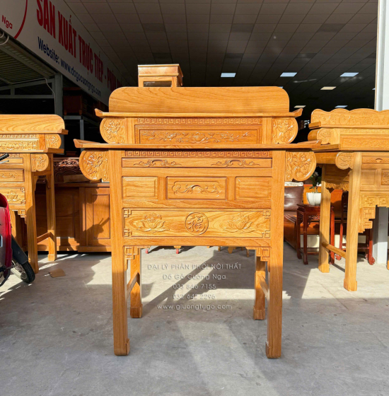 Bàn Thờ 2 Tầng Gỗ Gõ Đỏ 1m27 Chạm Sen - Chữ Phúc