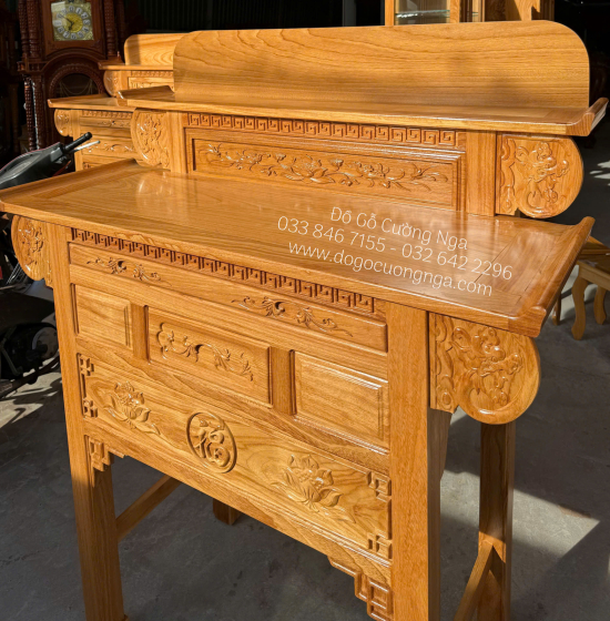 Bàn Thờ 2 Tầng Gỗ Gõ Đỏ 1m27 Chạm Sen - Chữ Phúc