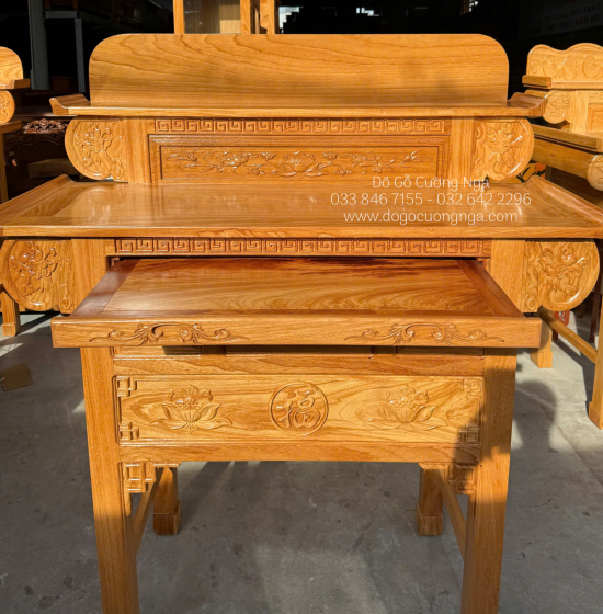 Bàn Thờ 2 Tầng Gỗ Gõ Đỏ 1m27 Chạm Sen - Chữ Phúc
