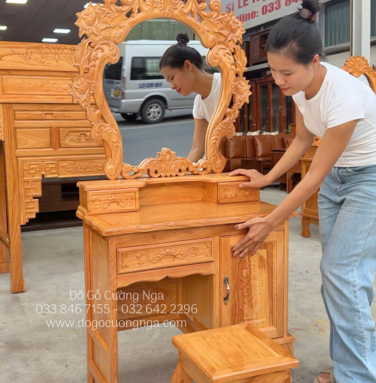 Bàn Trang Điểm Gỗ Gõ Đỏ Tân Cổ Điển 80cm - Mã 01