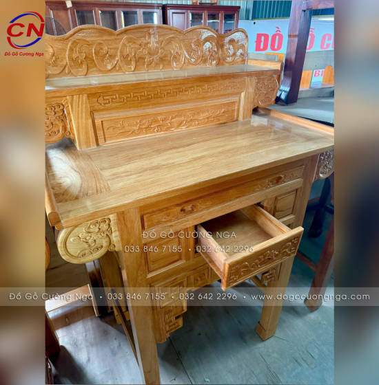 Bàn Thờ 2 Tầng Gỗ Gõ Đỏ 1m27 Chạm Sen Phong Thủy