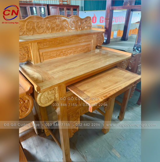 Bàn Thờ 2 Tầng Gỗ Gõ Đỏ 1m27 Chạm Sen Phong Thủy