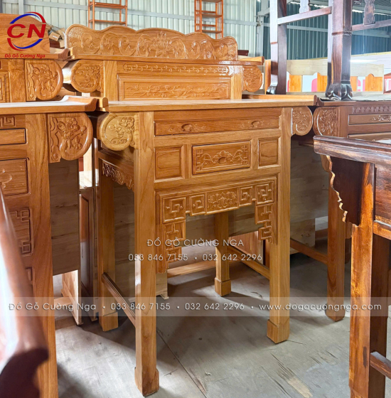 Bàn Thờ 2 Tầng Gỗ Gõ Đỏ 1m27 Chạm Sen Phong Thủy
