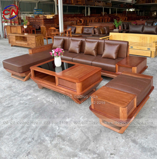 Sofa Gỗ Xoan Đào Chân Thuyền 2m9x1m8 Kèm Nệm Cao Su 