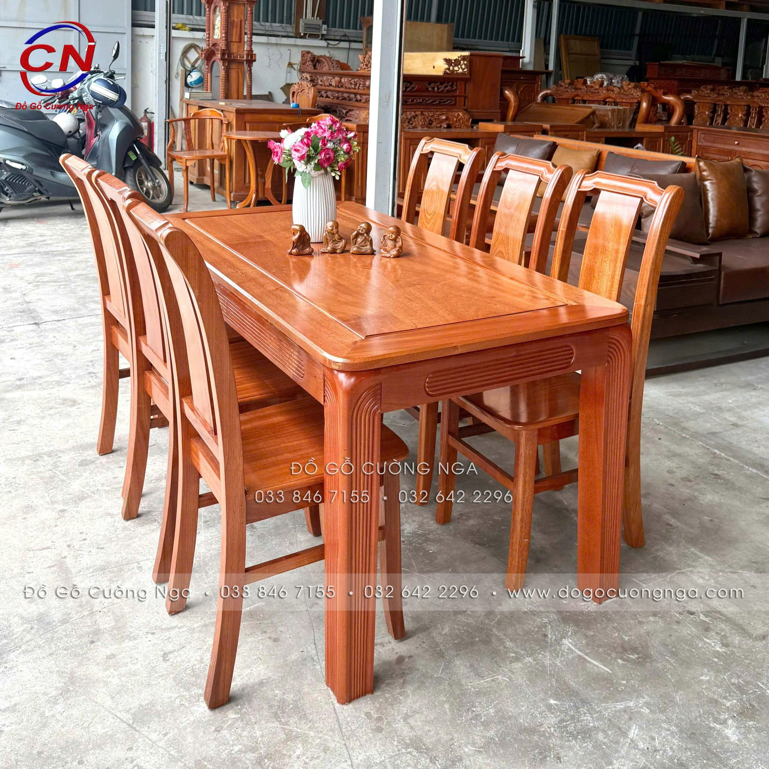 bàn ăn gỗ xoan đào 6 ghế 1m6 