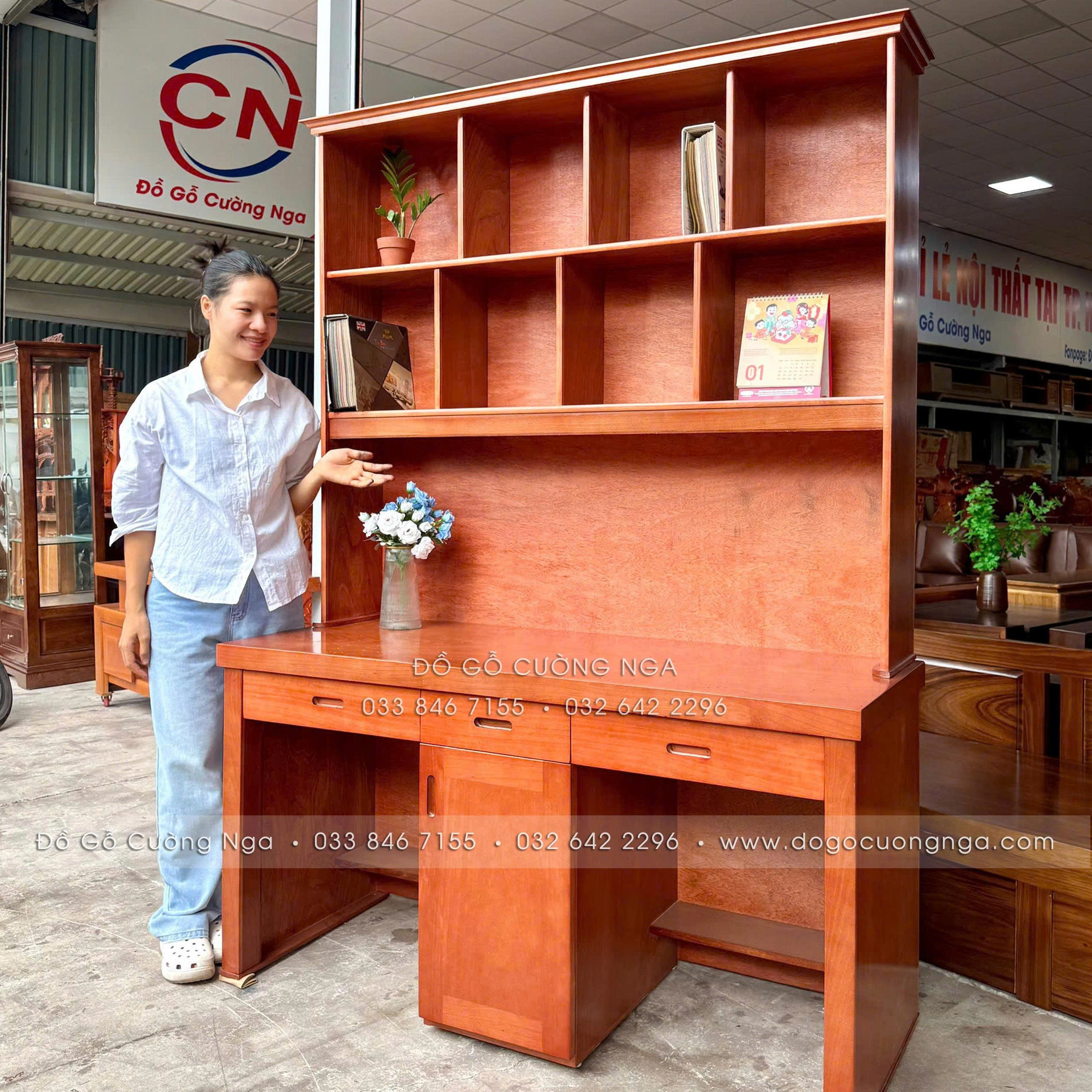 bàn học gỗ xoan đào đôi 1m4